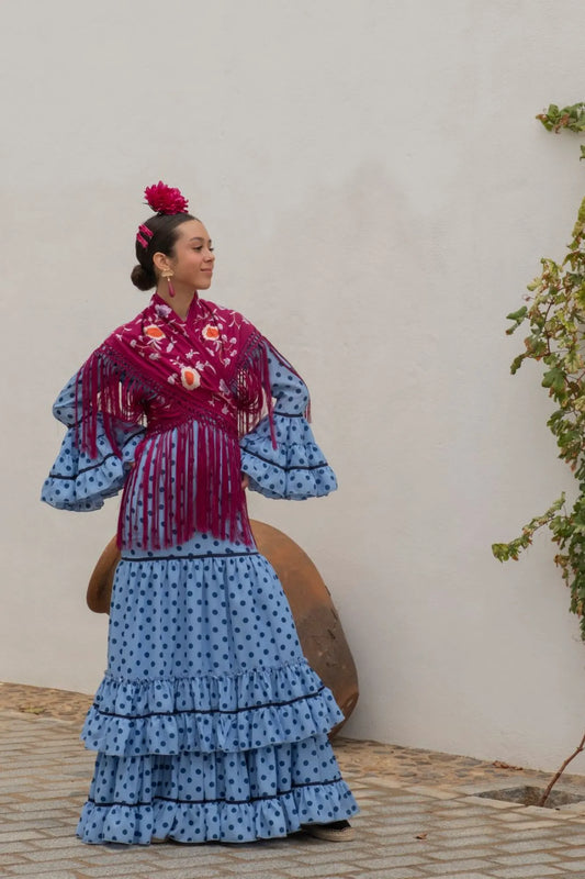 Azahar - Light Blue Flamenco Dress for Girls with Tonal Polka Dots