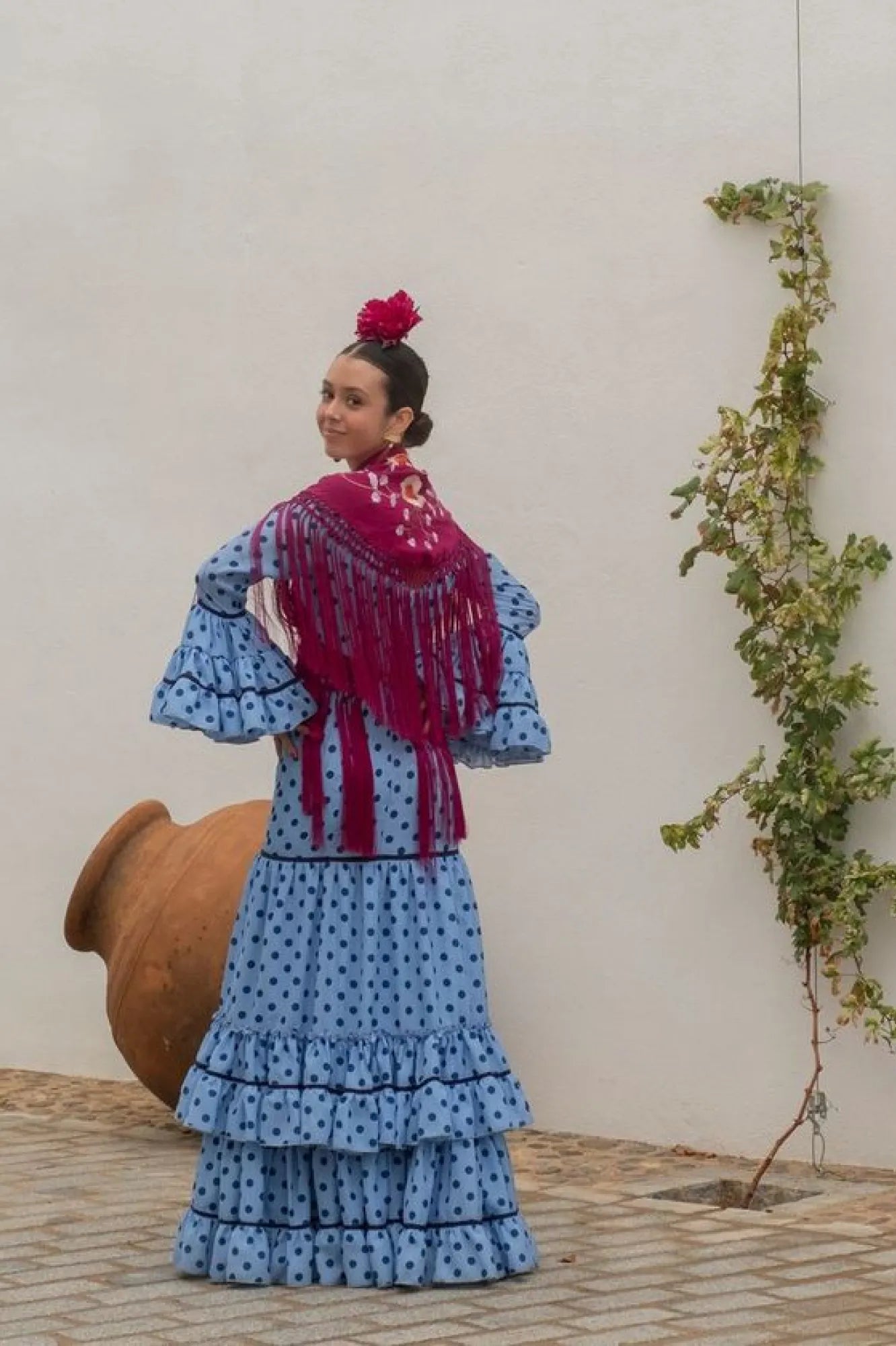 Azahar - Light Blue Flamenco Dress for Girls with Tonal Polka Dots