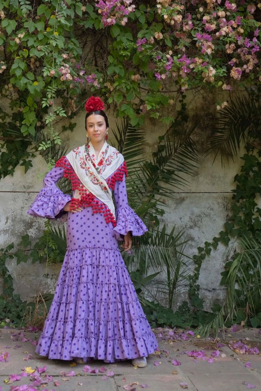 Clavo Dress - Purple Flamenco Dress for Girls with Tonal Polka Dots & Canastera Skirt