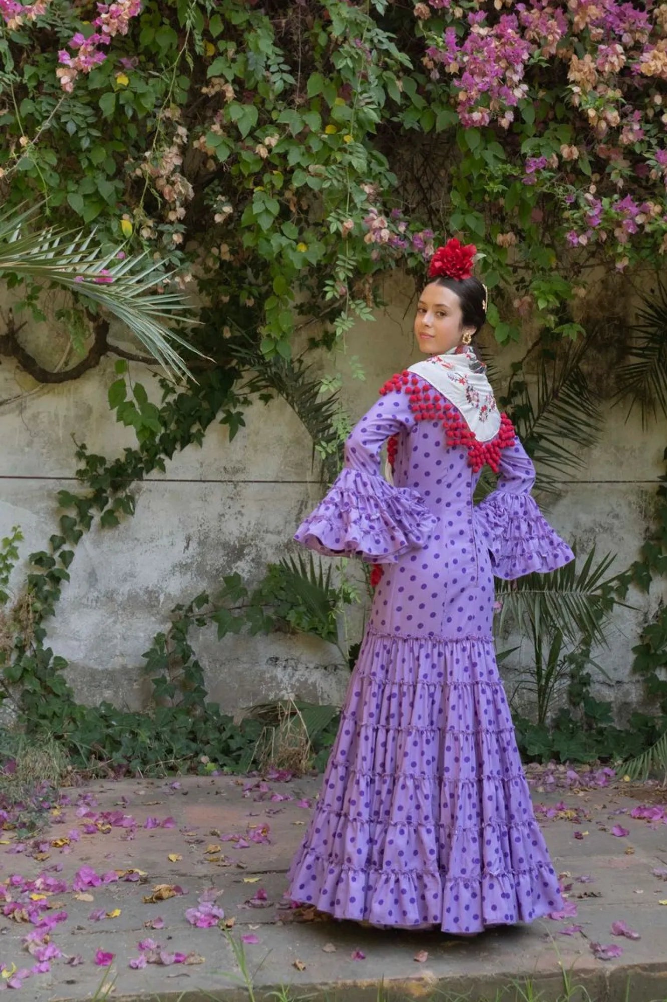 Clavo Dress - Purple Flamenco Dress for Girls with Tonal Polka Dots & Canastera Skirt
