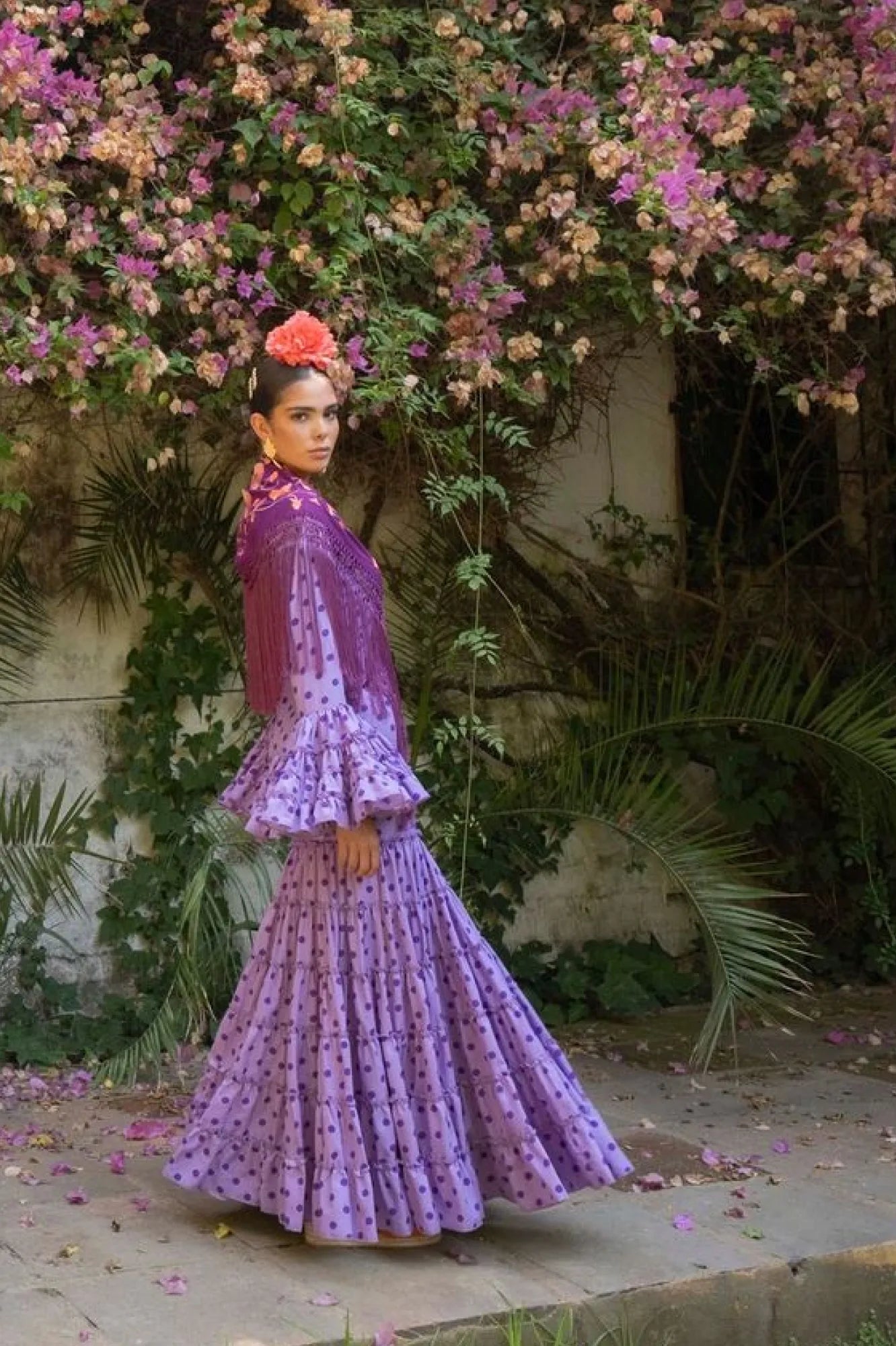 Coral Dress - Purple Flamenco Dress for Women with Tonal Polka Dots & Canastera Skirt