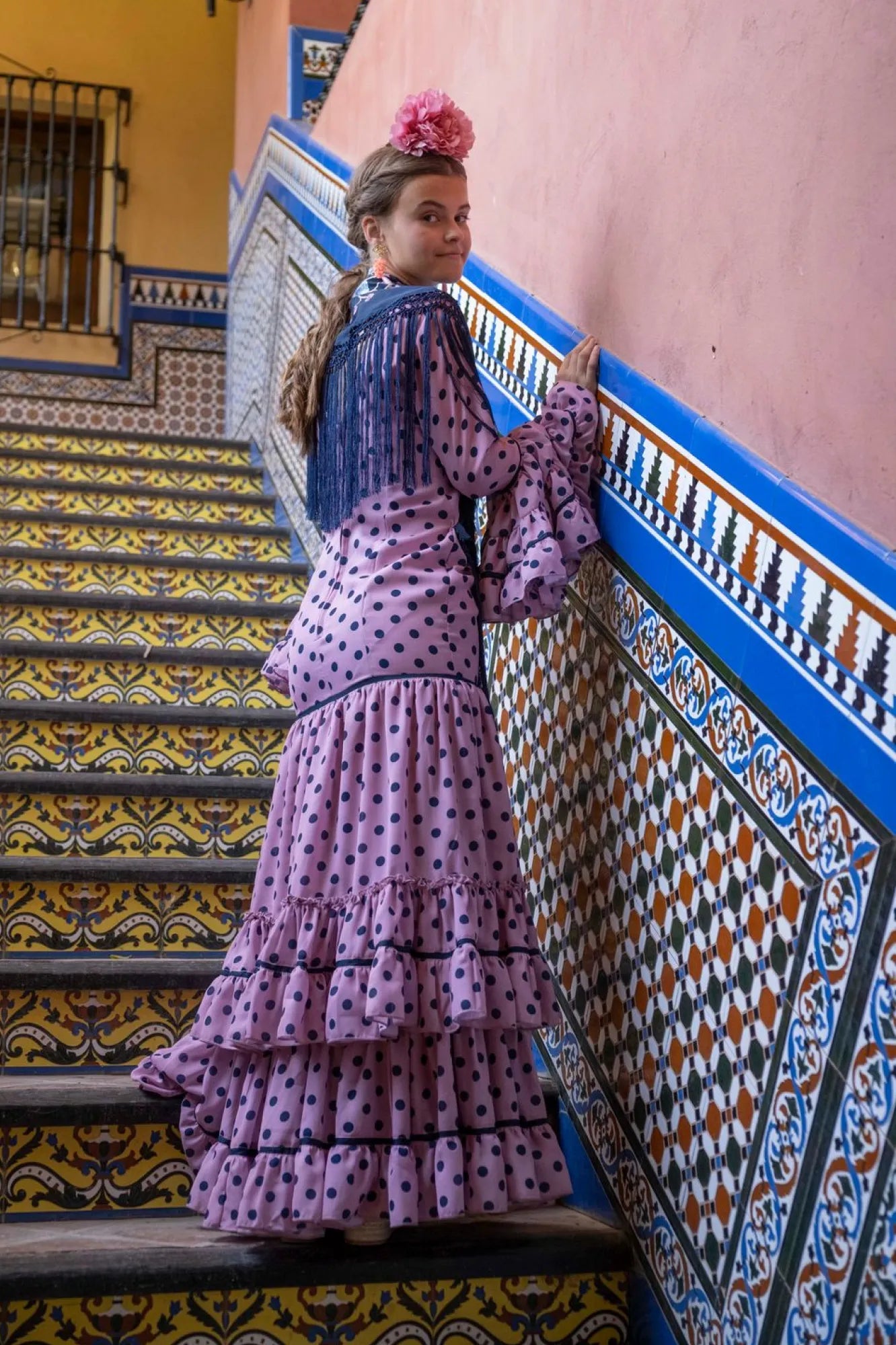 Entre Volantes - Purple Flamenco Dress for Girls with Dark Navy Polka Dots