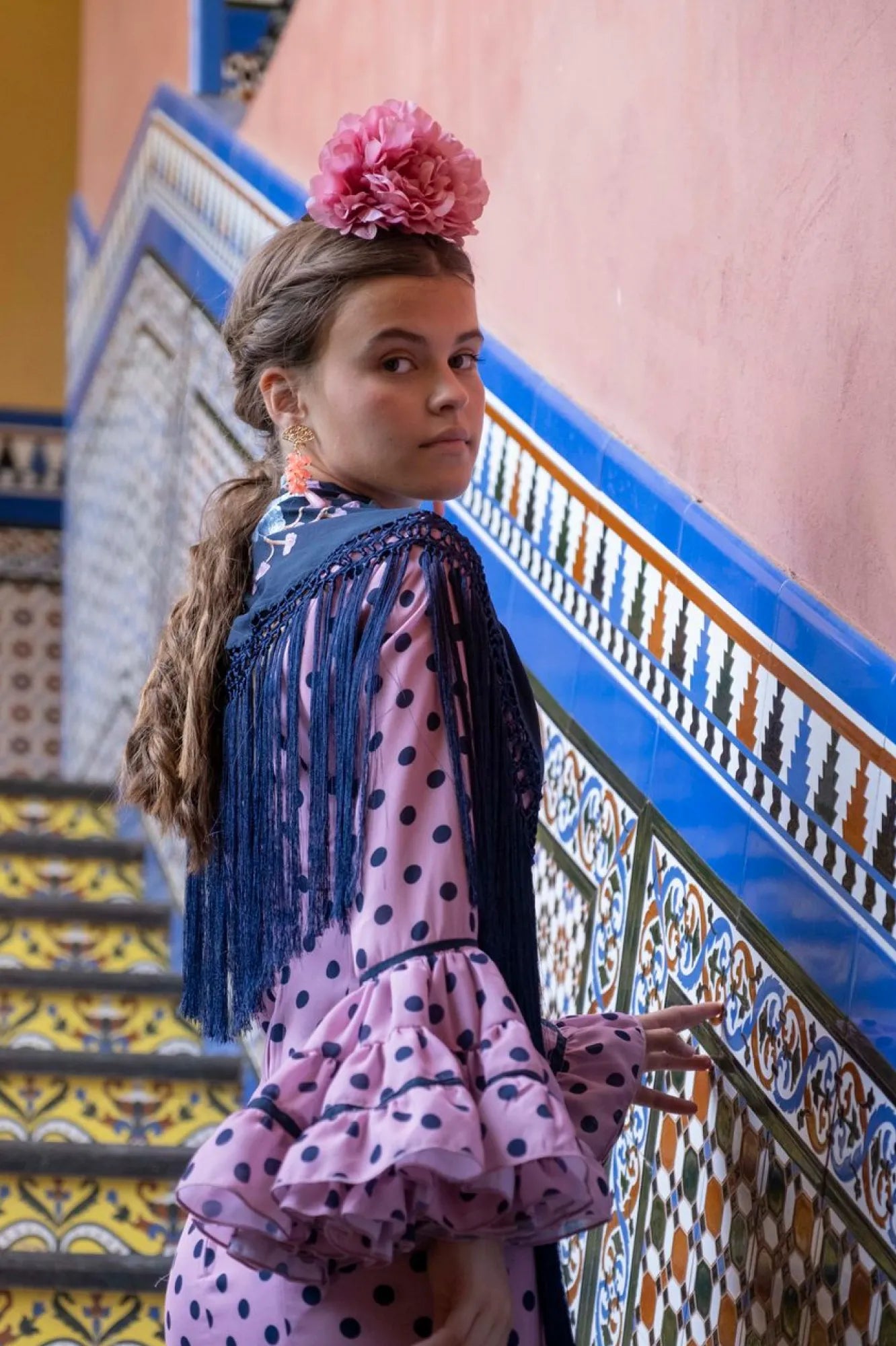 Entre Volantes - Purple Flamenco Dress for Girls with Dark Navy Polka Dots