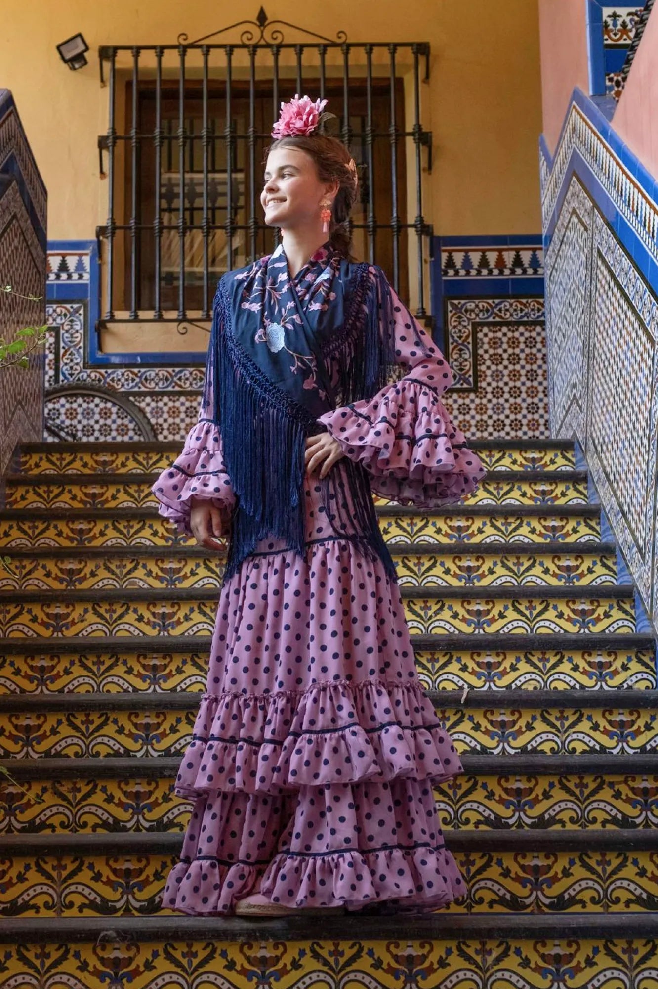 Entre Volantes - Purple Flamenco Dress for Girls with Dark Navy Polka Dots