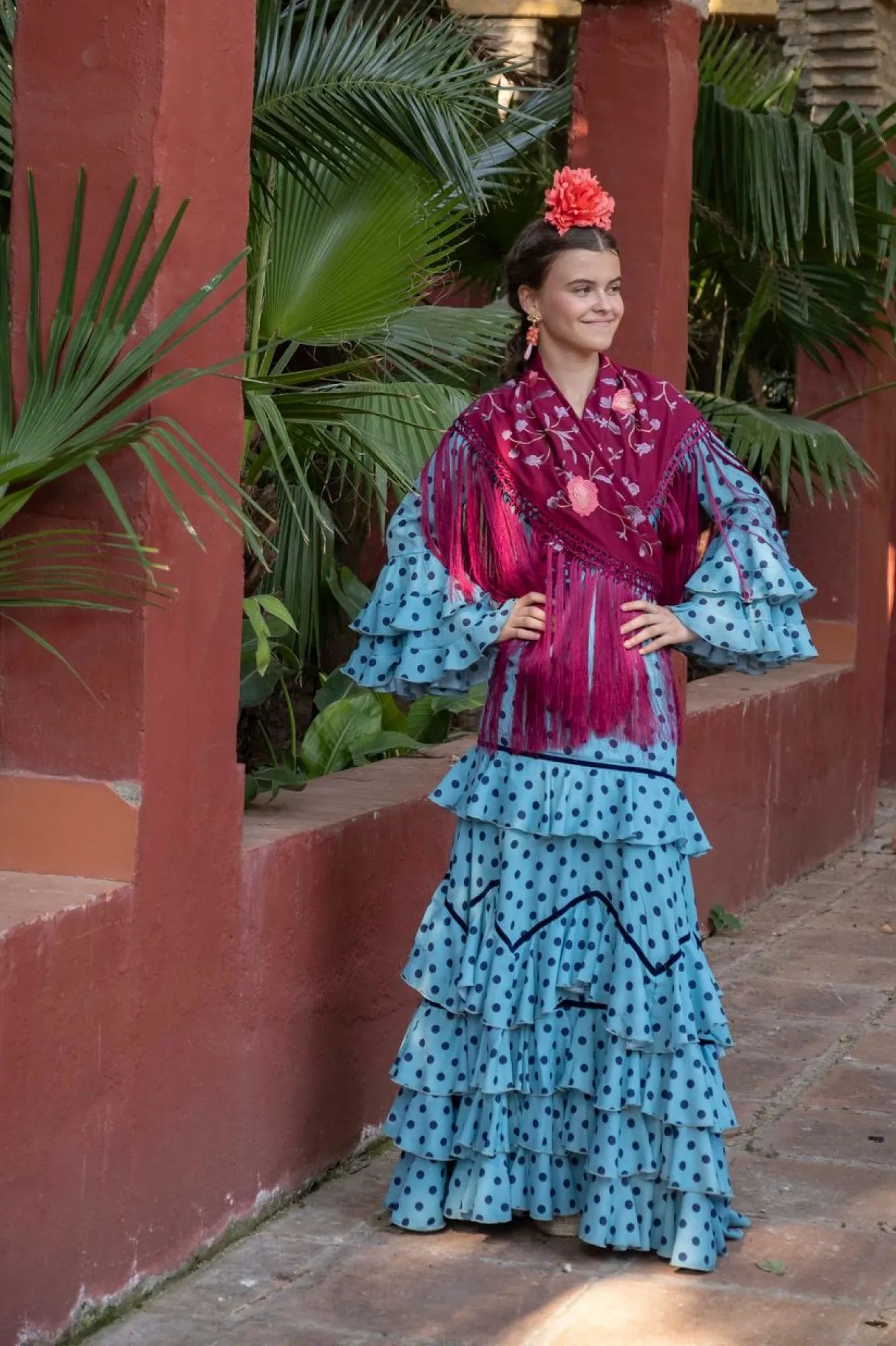 Esperanza Dress - Light Blue Flamenco Dress with Navy Polka Dots & Tiered Ruffles