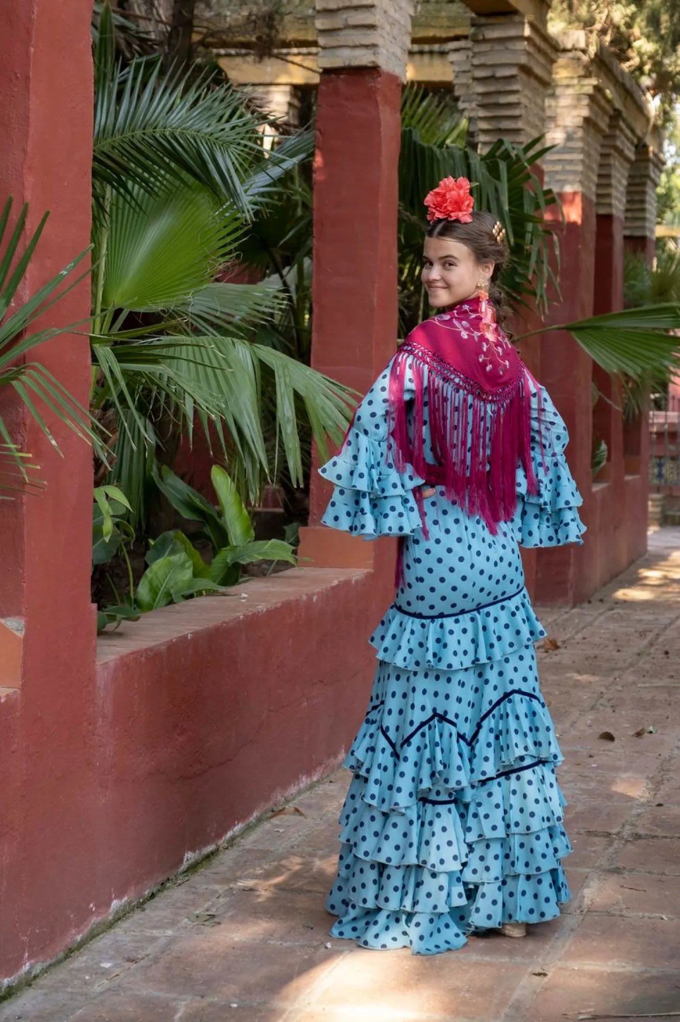Esperanza Dress - Light Blue Flamenco Dress with Navy Polka Dots & Tiered Ruffles
