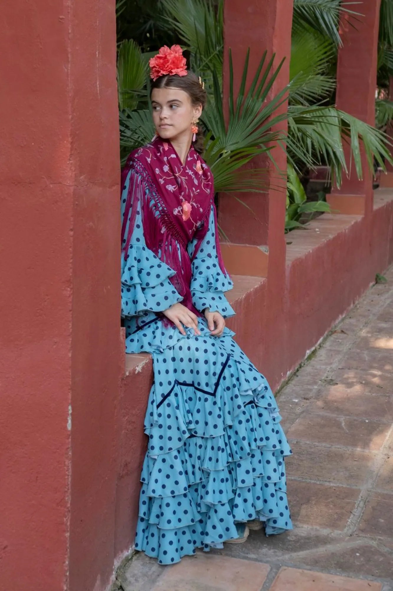 Esperanza Dress - Light Blue Flamenco Dress with Navy Polka Dots & Tiered Ruffles