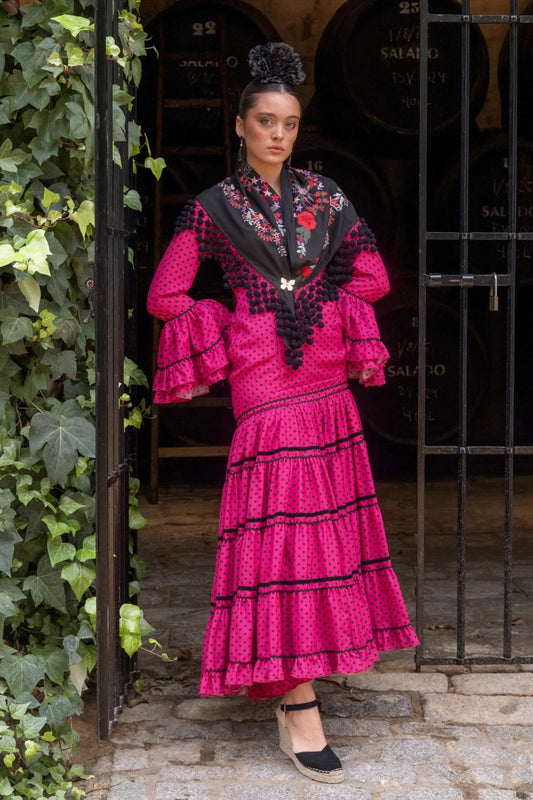 Jacaranda Dress – Fuchsia Flamenco Dress with Black Polka Dots & Tiered Ruffles