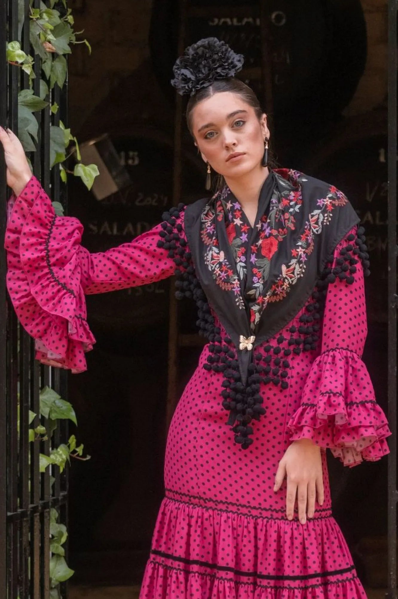 Jacaranda Dress – Fuchsia Flamenco Dress with Black Polka Dots & Tiered Ruffles