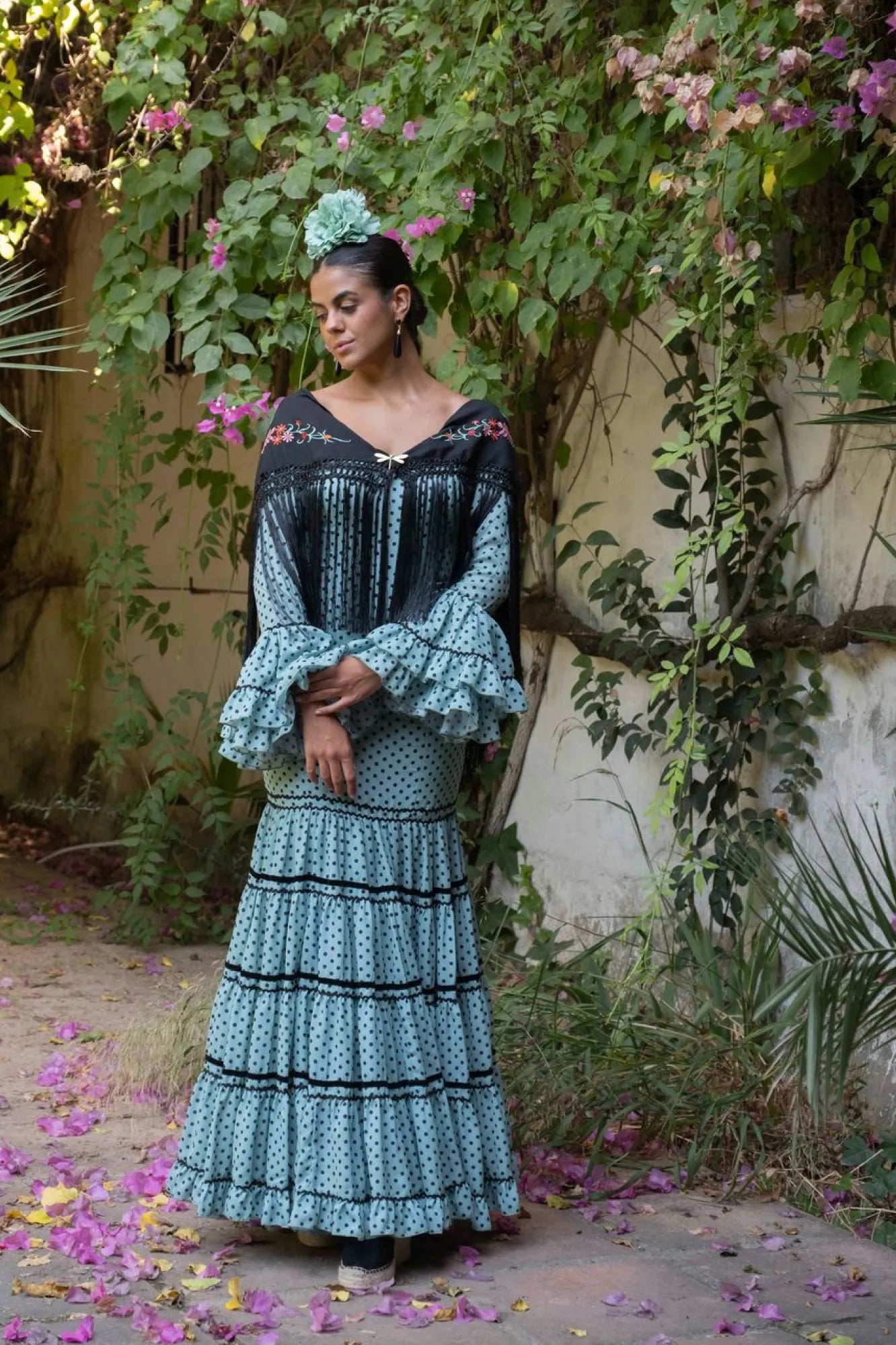 La Pastora Dress - Green Flamenco Dress with Black Polka Dots