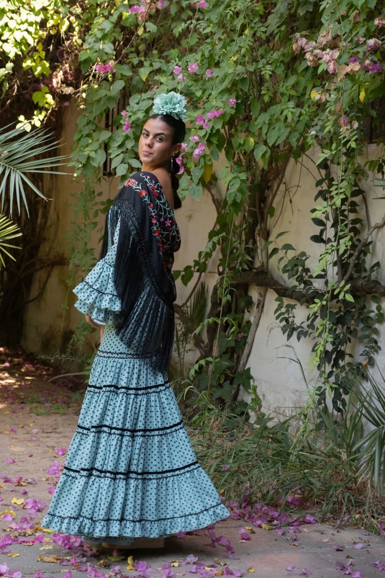 La Pastora Dress - Green Flamenco Dress with Black Polka Dots