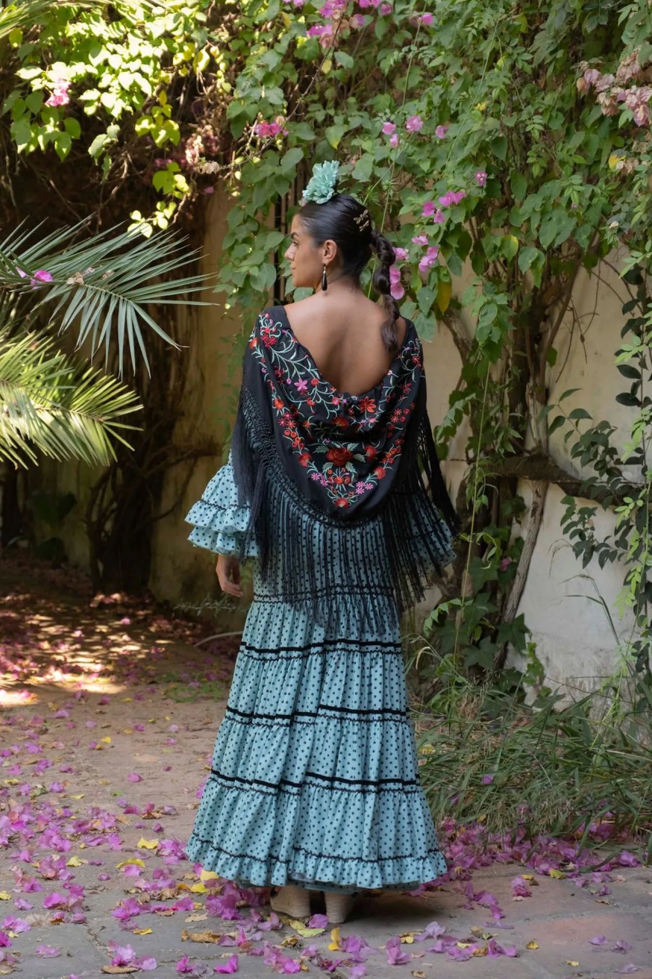 La Pastora Dress - Green Flamenco Dress with Black Polka Dots