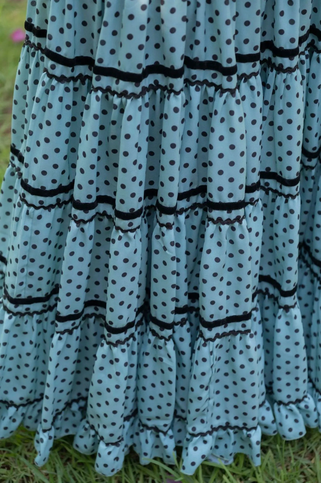 La Pastora Dress - Green Flamenco Dress with Black Polka Dots