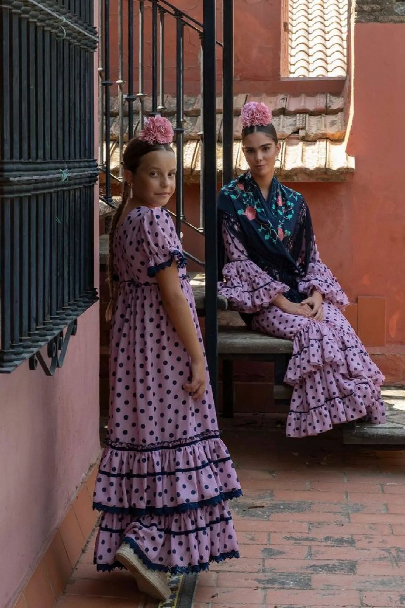 Llamarada Dress - Lilac Flamenco Dress for Girls with Navy Polka Dots & Puff Sleeves