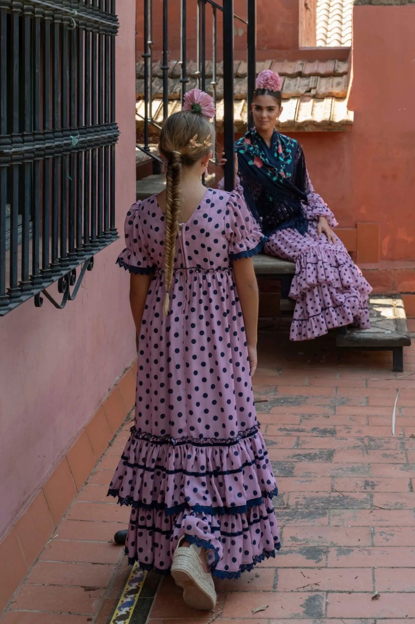 Llamarada Dress - Lilac Flamenco Dress for Girls with Navy Polka Dots & Puff Sleeves