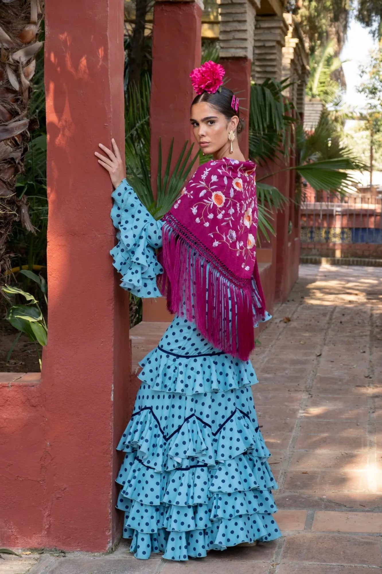 Llanto de Romero Dress - Turquoise Flamenco Dress with Tonal Polka Dots & Ruffled Skirt