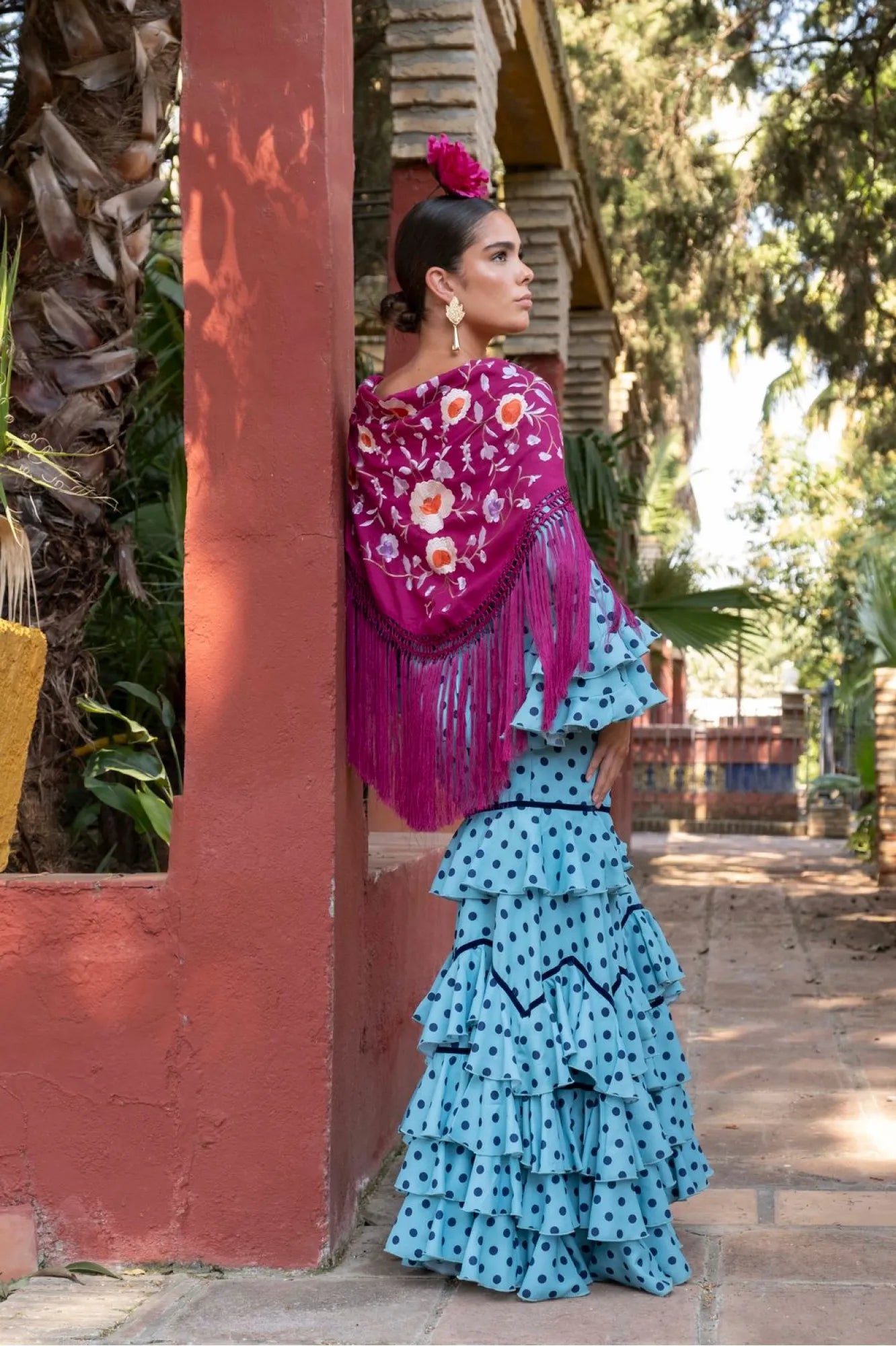 Llanto de Romero Dress - Turquoise Flamenco Dress with Tonal Polka Dots & Ruffled Skirt