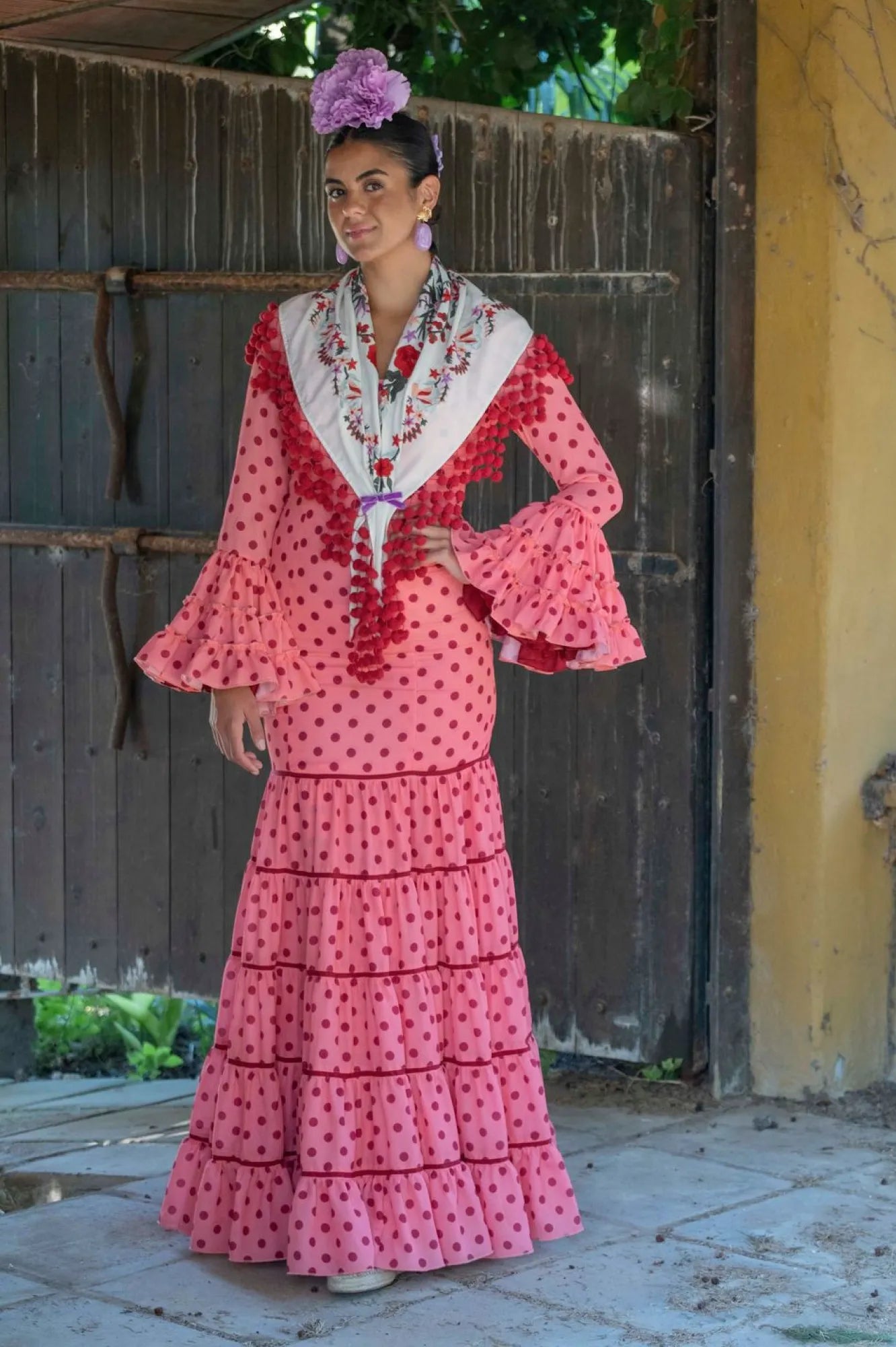 Madroñera Dress - Coral Flamenco Dress with Tonal Polka Dots & Canastera Skirt