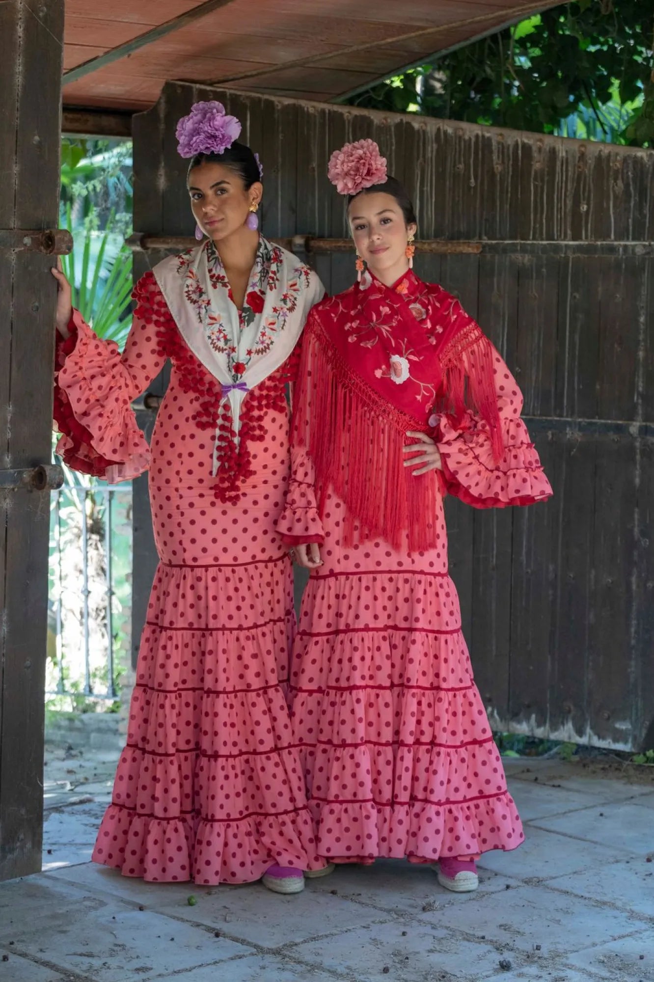Madroñera Dress - Coral Flamenco Dress with Tonal Polka Dots & Canastera Skirt