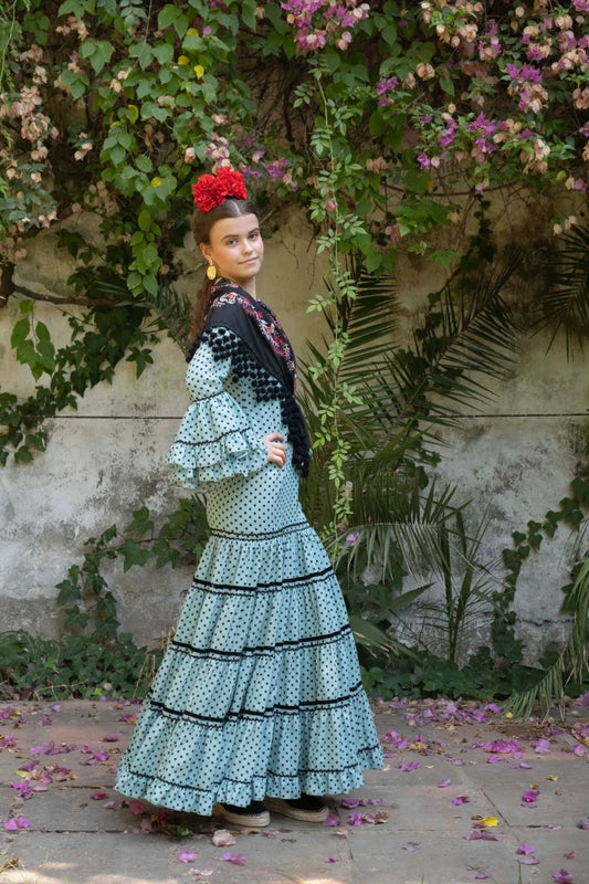 Milagrosa Dress – Green Flamenco Dress for Girls with Black Polka Dots & Canastera Skirt