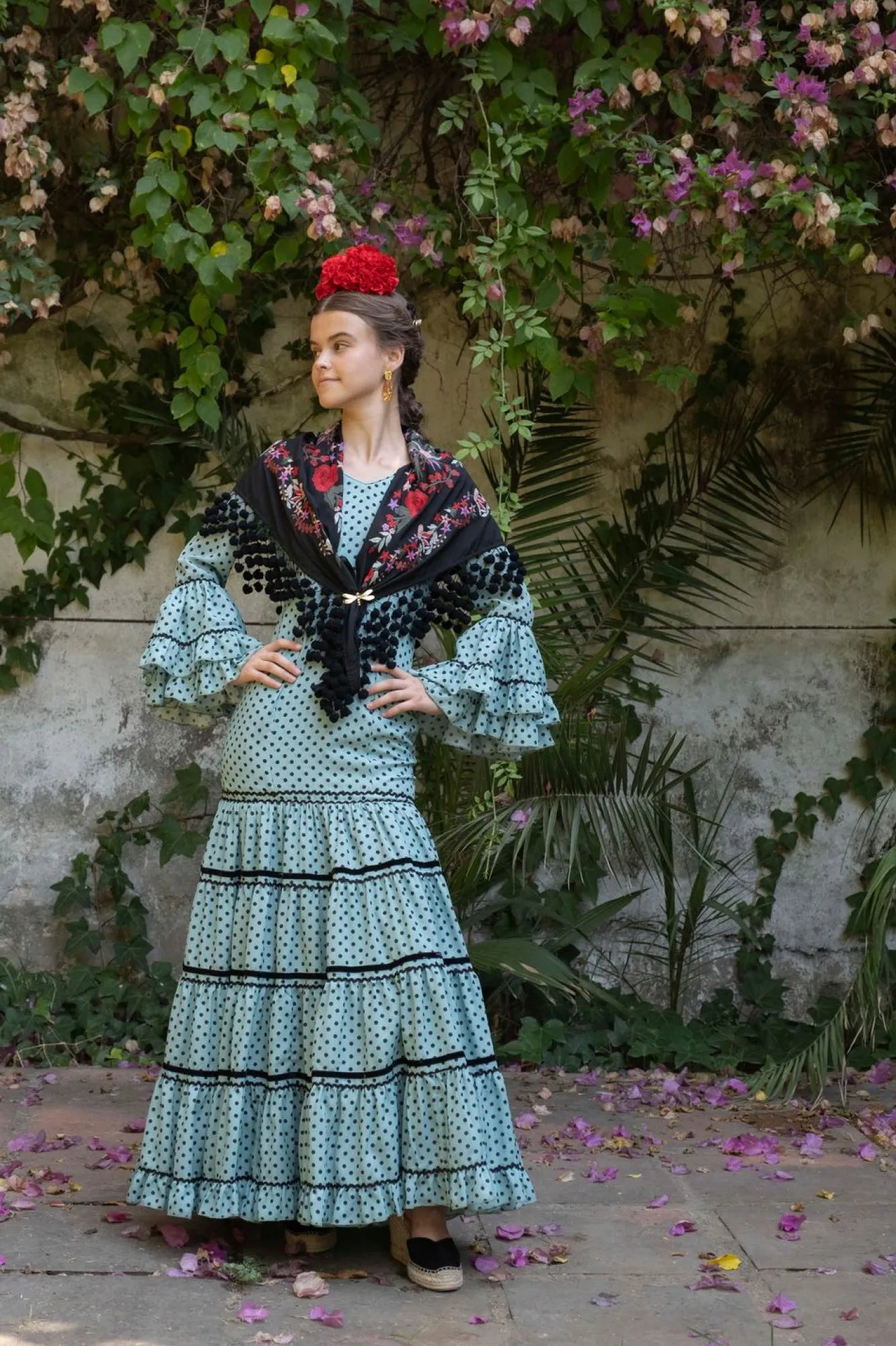 Milagrosa Dress – Green Flamenco Dress for Girls with Black Polka Dots & Canastera Skirt
