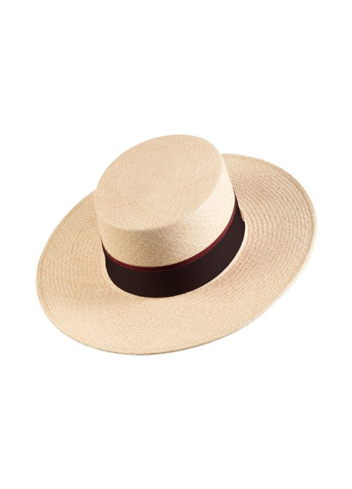 "Fernández y Roche"  Panama Bolero "Vico" Hat with Black and Wine Ribbon Hatband