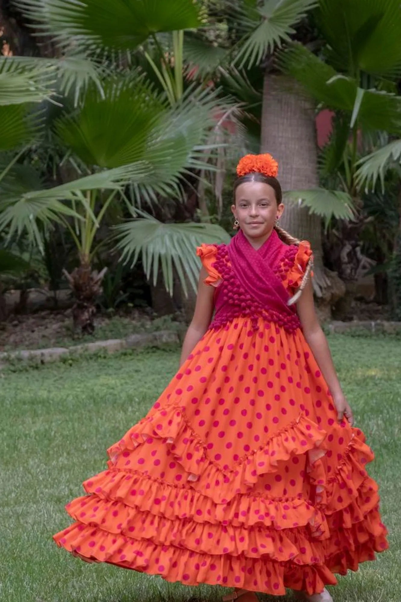 Pentecostés Dress - Orange Flamenco Dress for Girls with Bougainvillea Polka Dots