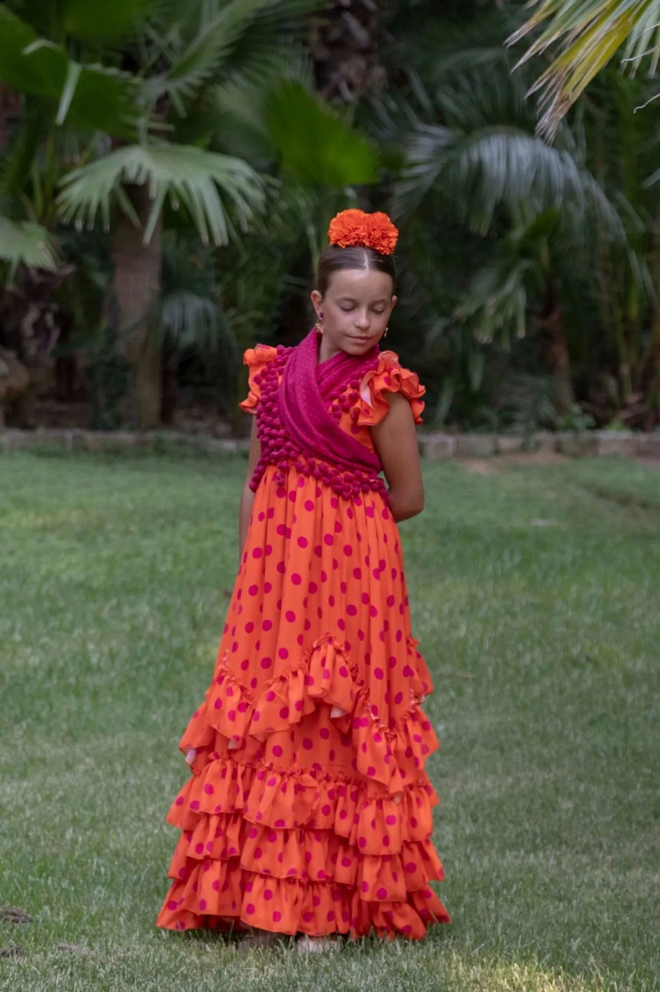 Pentecostés Dress - Orange Flamenco Dress for Girls with Bougainvillea Polka Dots