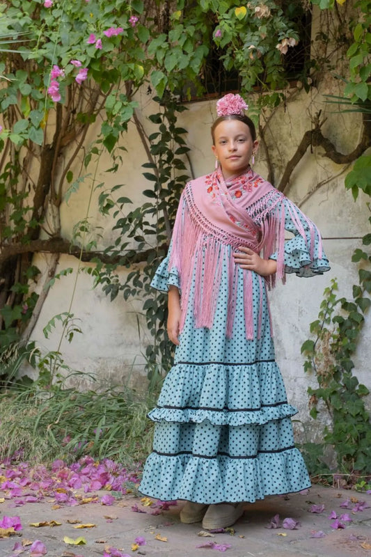 Petenera Dress - Green Flamenco Dress for Girls with Black Polka Dots