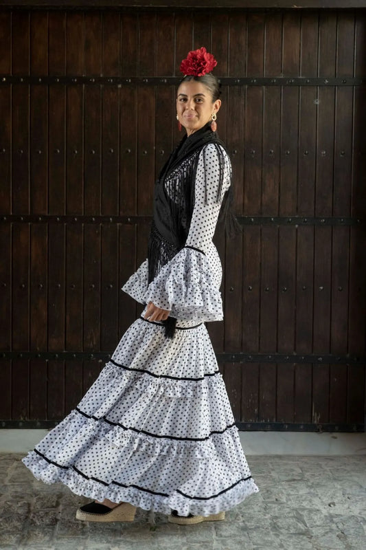 Promesa Dress - White Flamenco Dress with Black Polka Dots & Canastera Skirt · Sevilla Feria Style