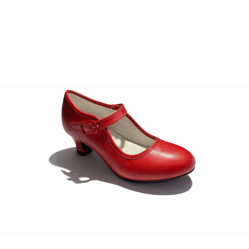 Red shoe with a strap on a white background
