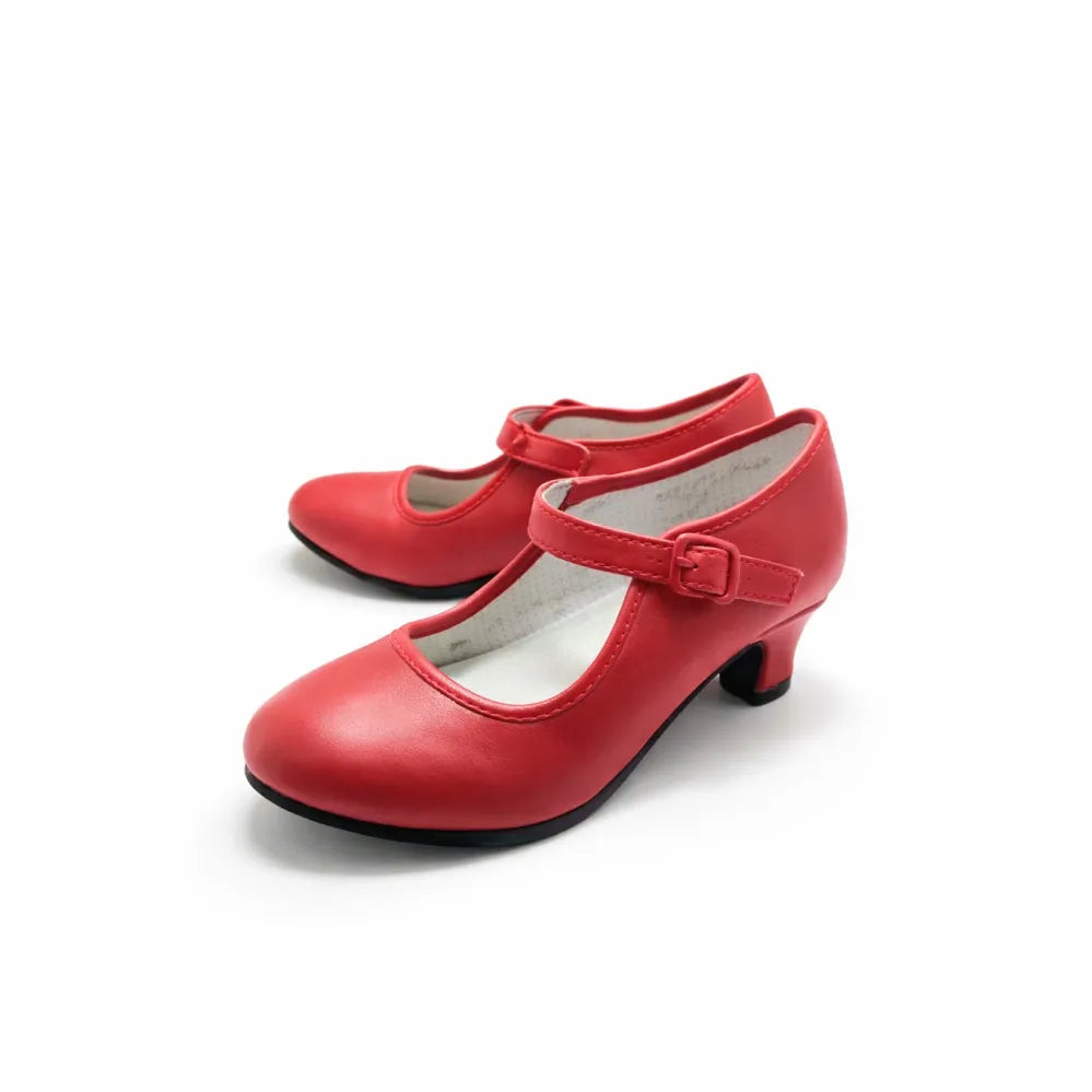 Red high-heeled shoes with a strap on a white background