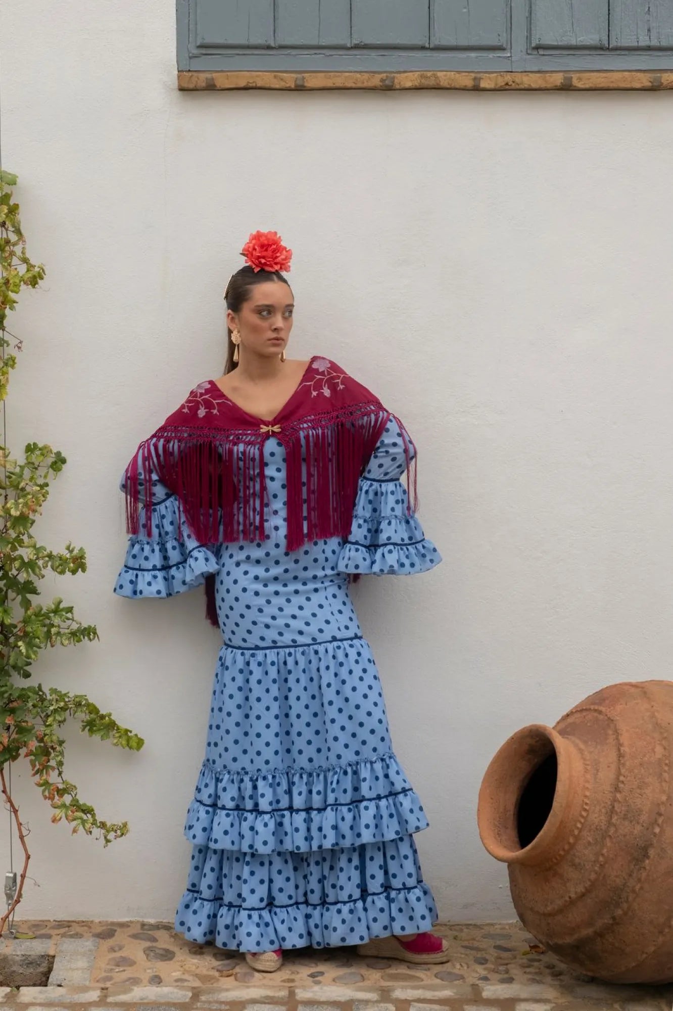 Revuelo Dress - Blue Flamenco Dress with Tonal Polka Dots & Canastera Skirt Sevilla Feria Style