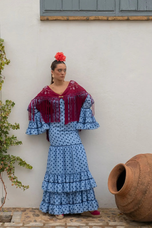 Revuelo Dress - Blue Flamenco Dress with Tonal Polka Dots & Canastera Skirt Sevilla Feria Style