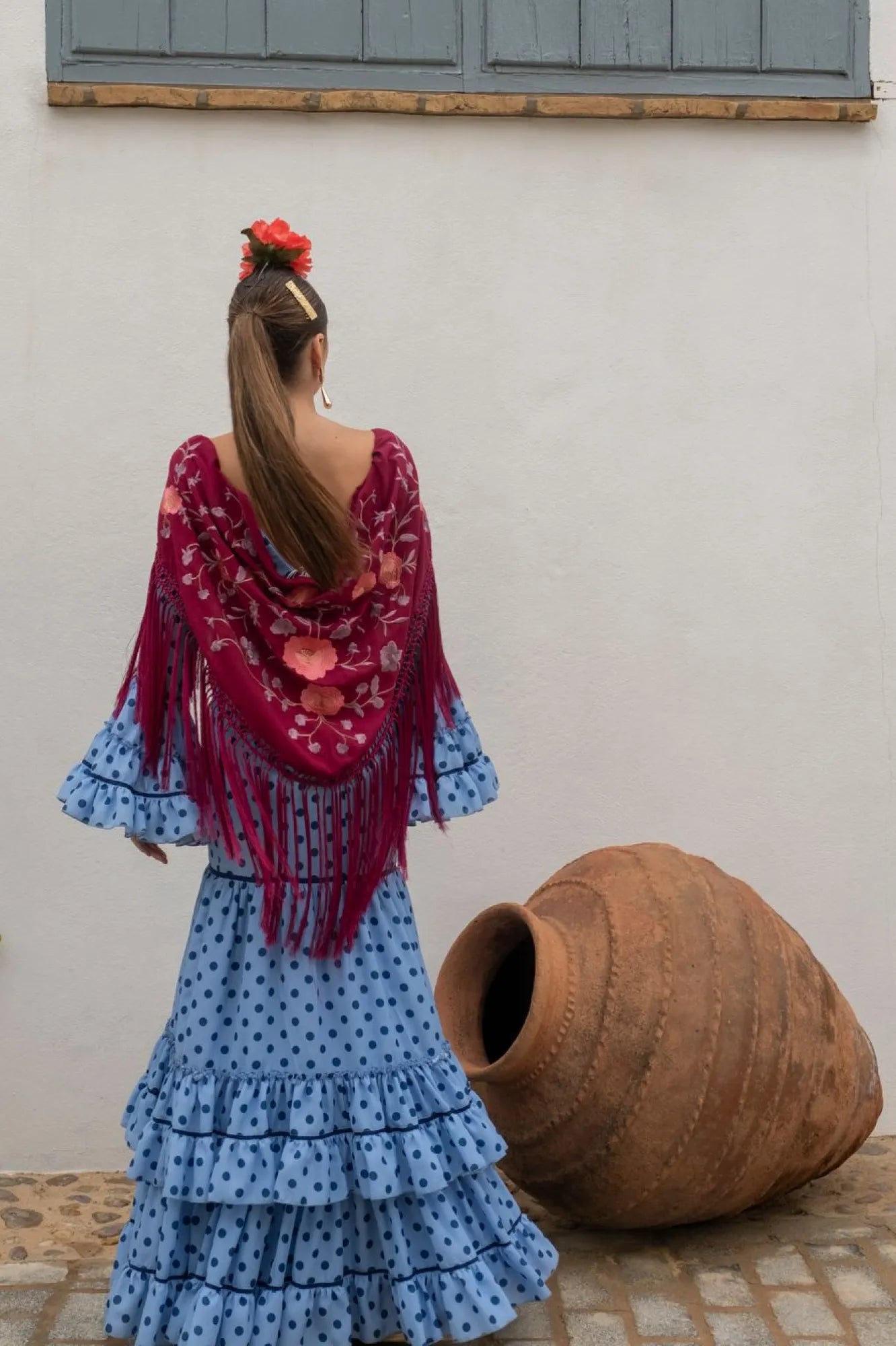 Revuelo Dress - Blue Flamenco Dress with Tonal Polka Dots & Canastera Skirt Sevilla Feria Style