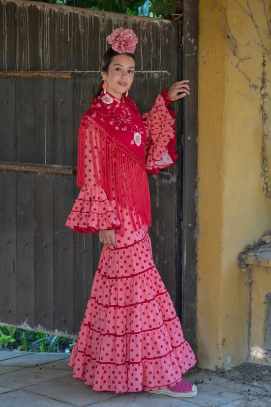 Rocina Dress - Coral Flamenco Dress for Teenagers with Tonal Polka Dots & Canastera Skirt
