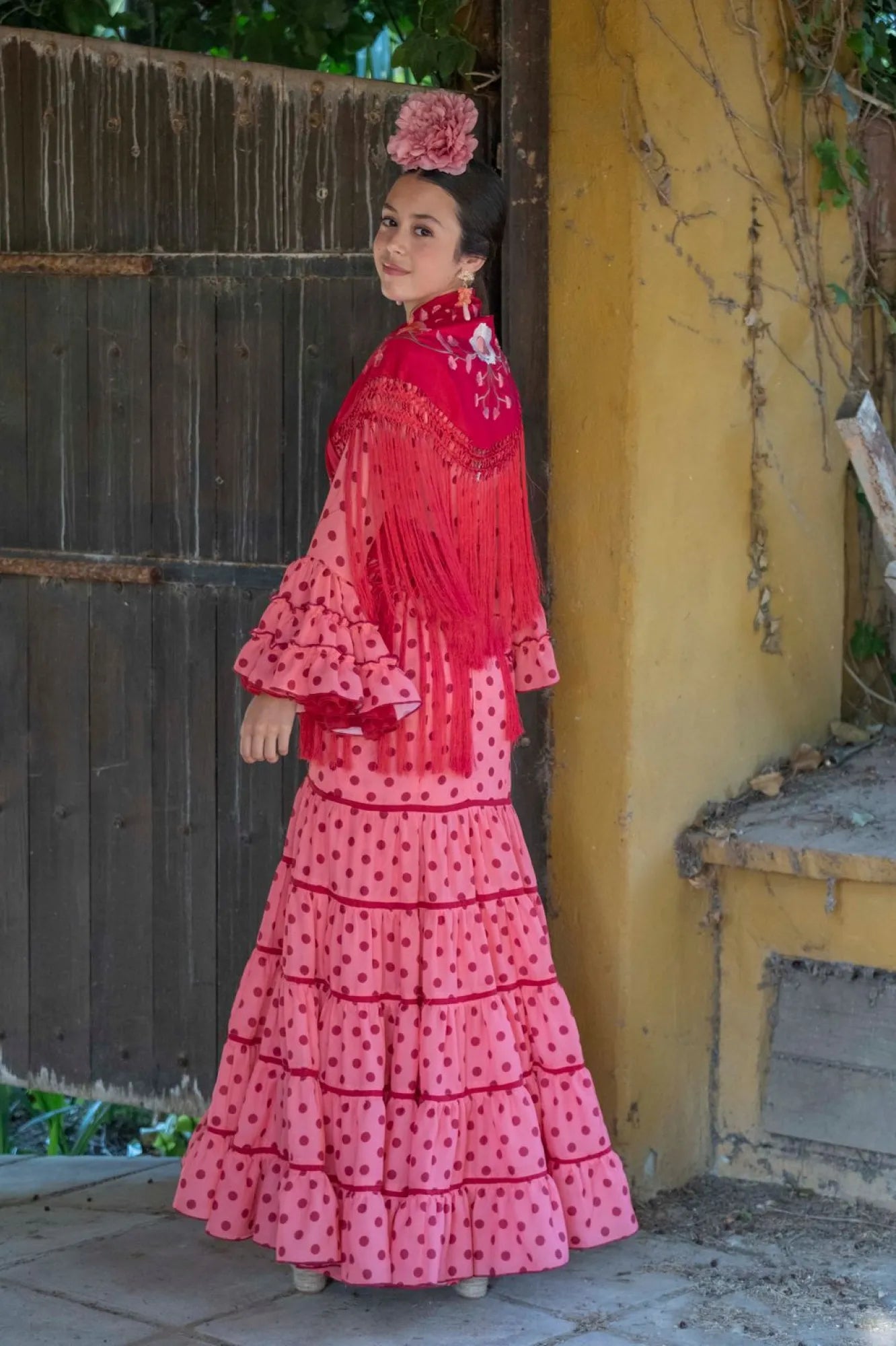 Rocina Dress - Coral Flamenco Dress for Teenagers with Tonal Polka Dots & Canastera Skirt