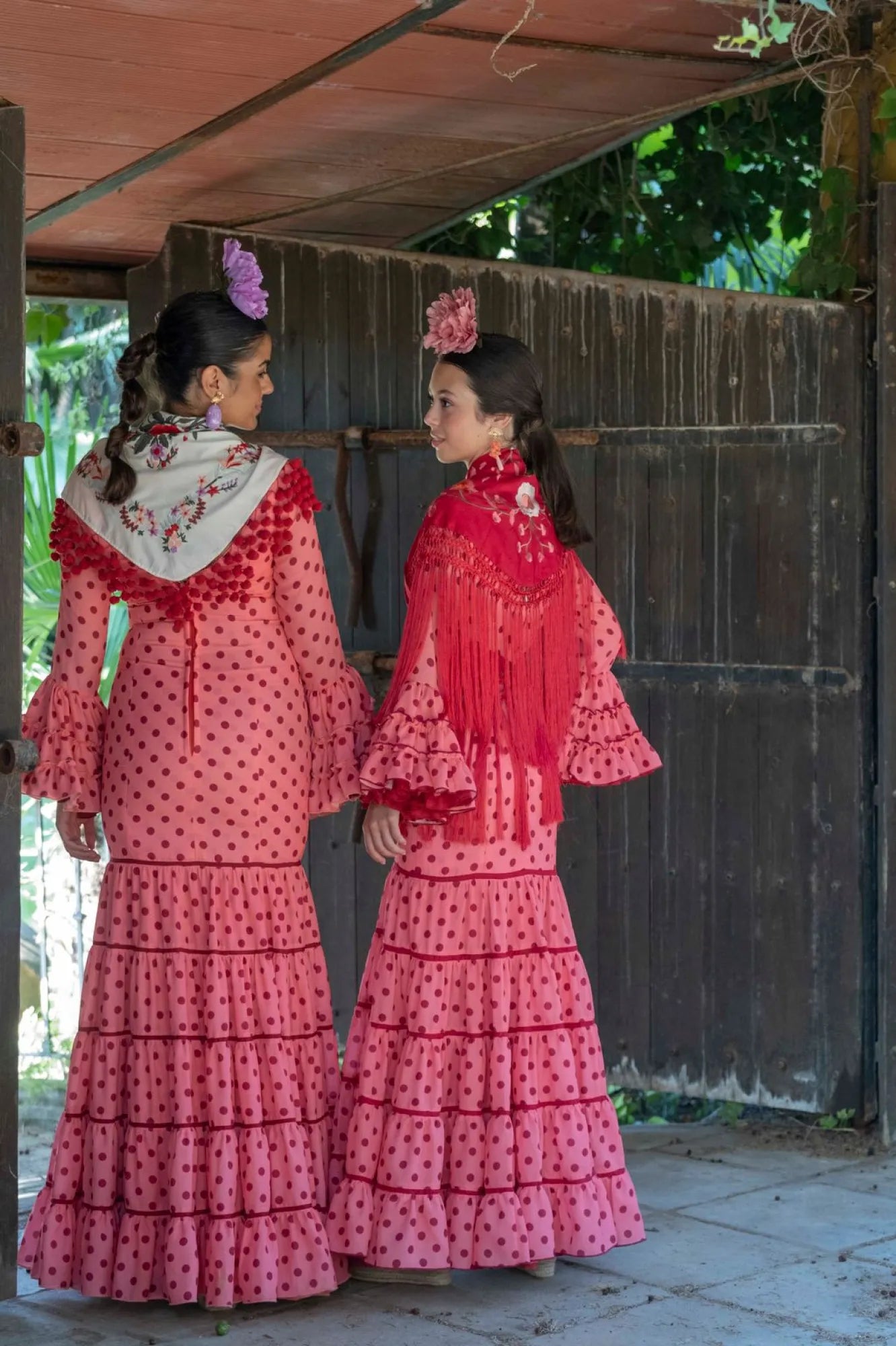 Rocina Dress - Coral Flamenco Dress for Teenagers with Tonal Polka Dots & Canastera Skirt