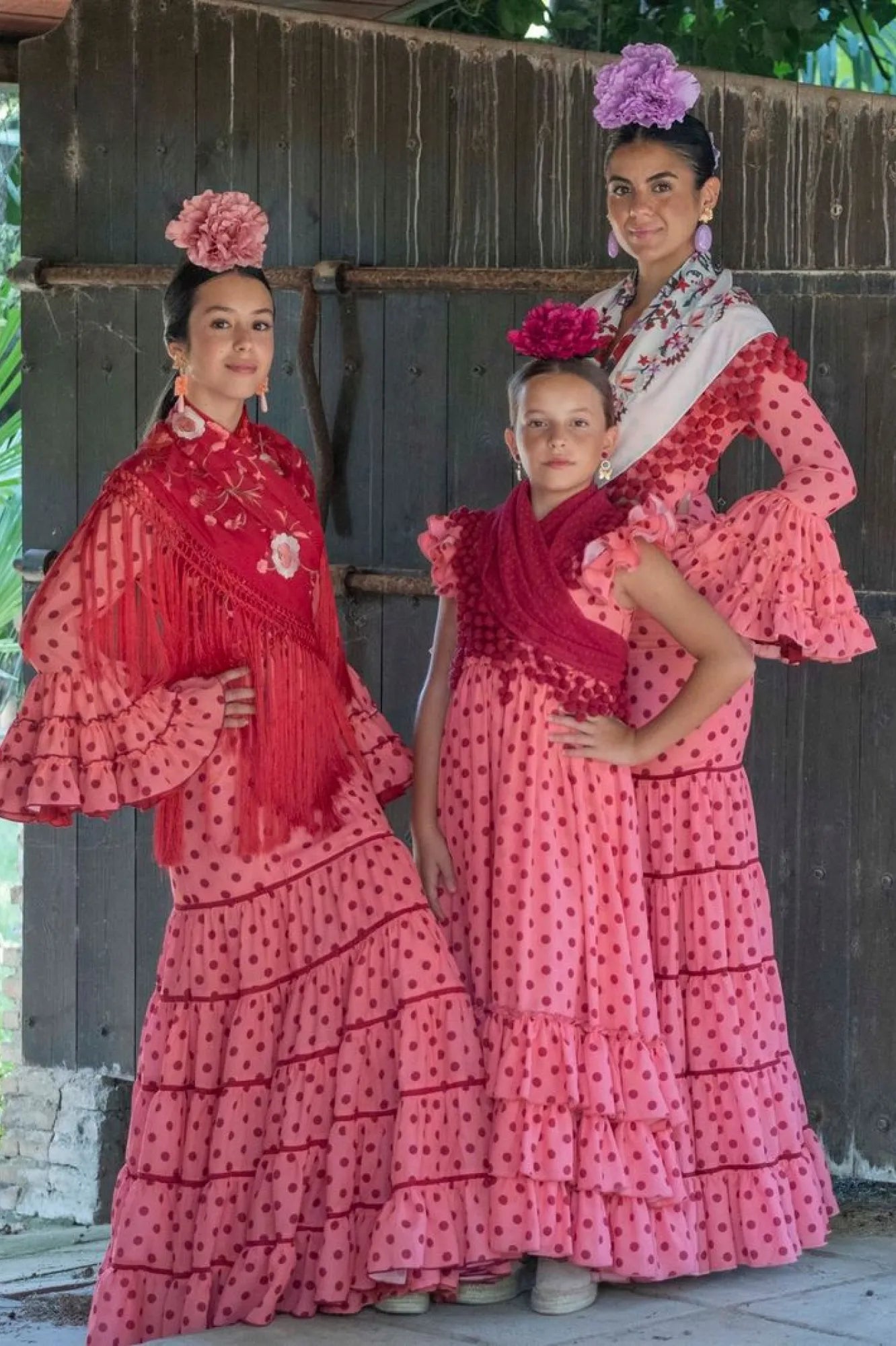 Rocina Dress - Coral Flamenco Dress for Teenagers with Tonal Polka Dots & Canastera Skirt