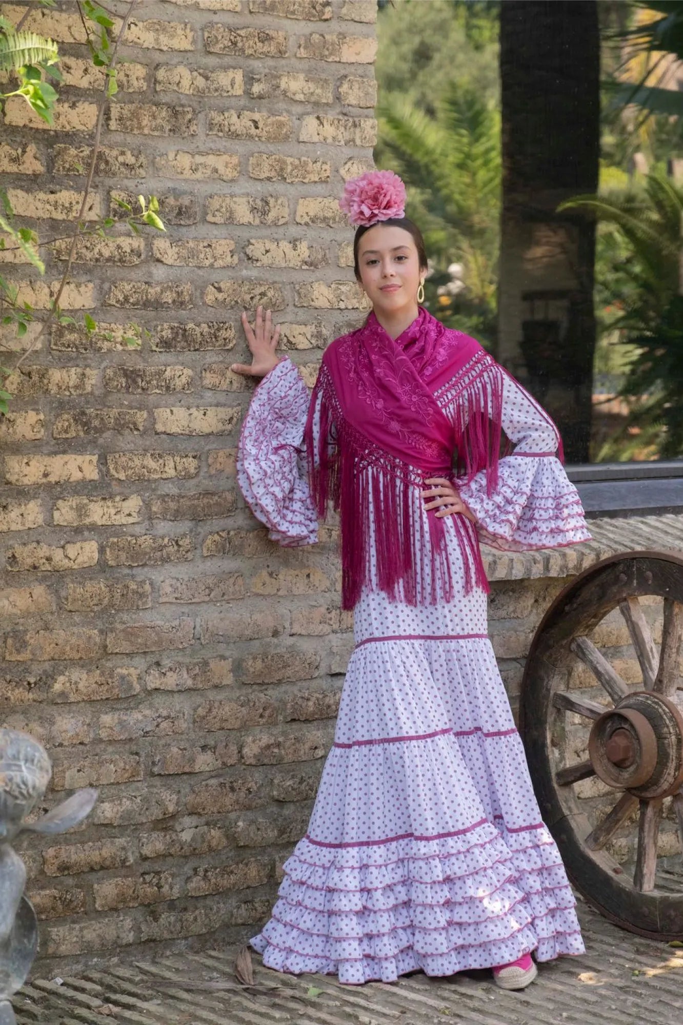 Tientos de Seda Dress - White & Pink Flamenco Dress for Teens with Canastera Skirt