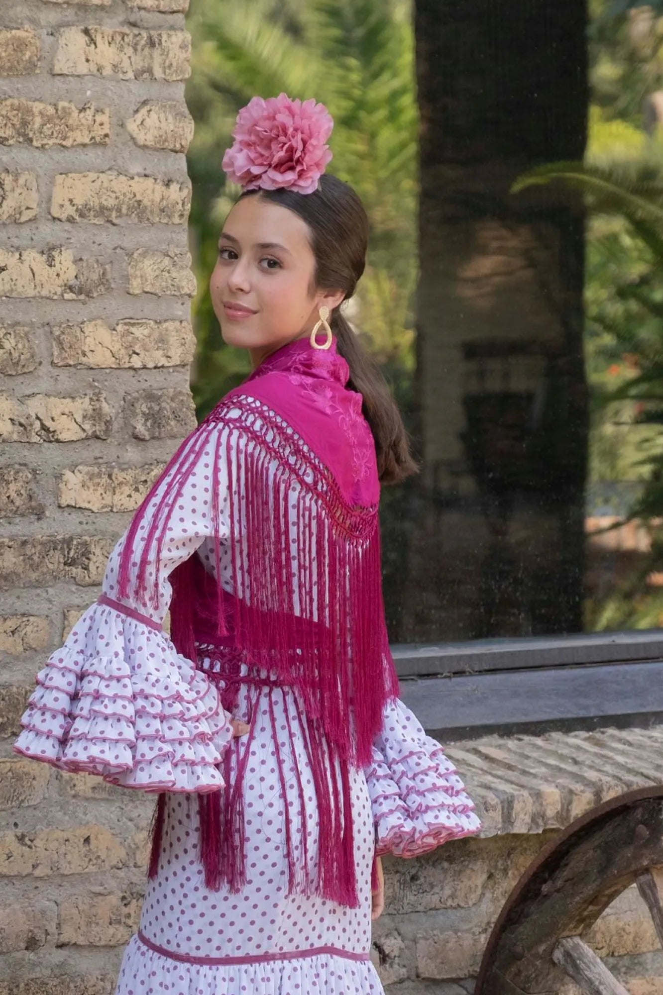 Tientos de Seda Dress - White & Pink Flamenco Dress for Teens with Canastera Skirt